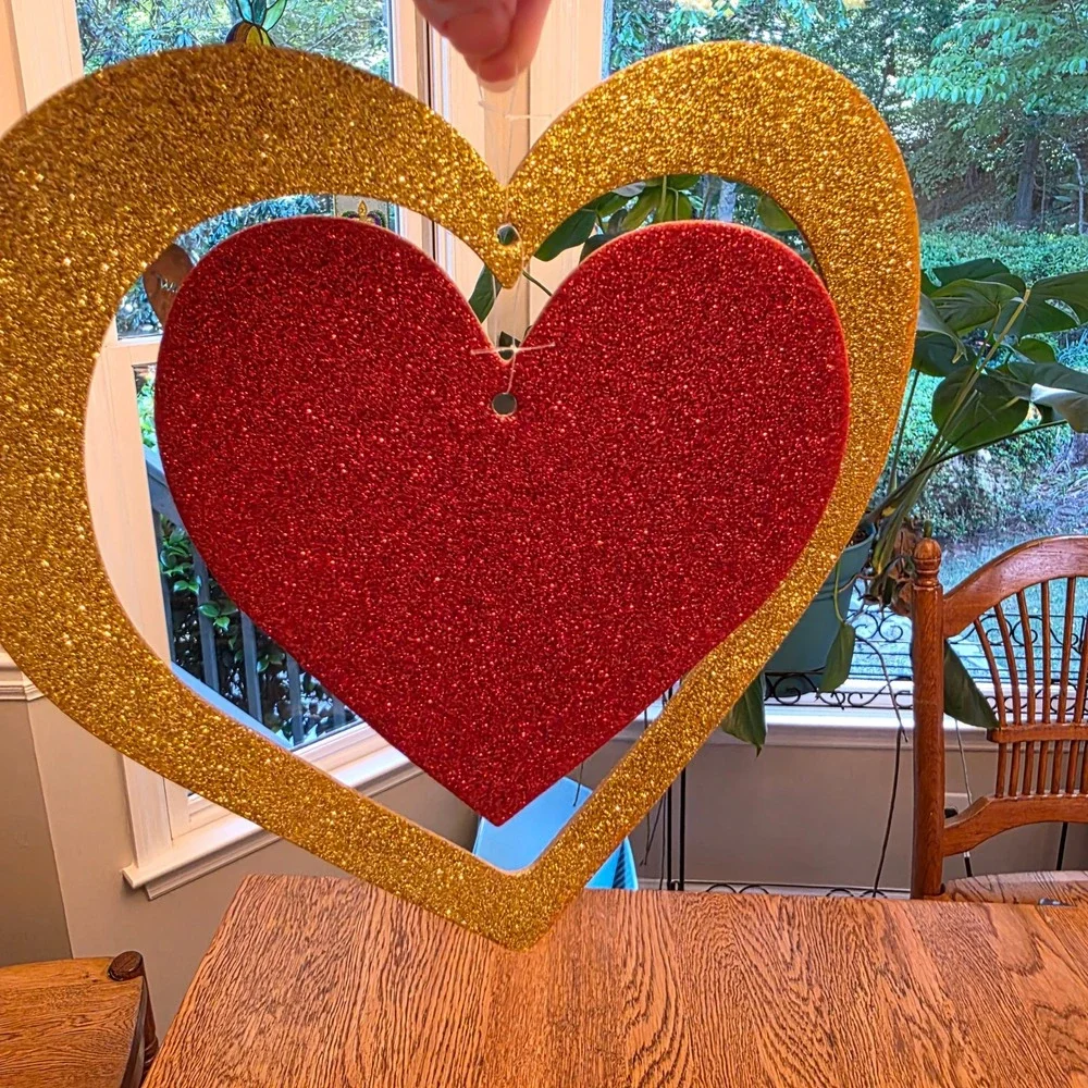 Vintage 90s 2 Glitter Hanging Hearts Valentines Day Decor Red Gold Pink‎ 10x11in